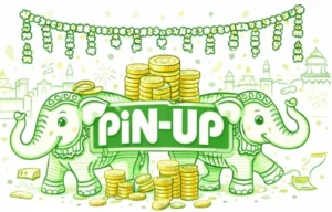 Pin-Up Casino India branding integrated with decorative Indian elephants and gold coins in green and white design