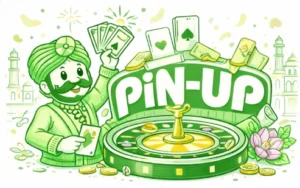 Pin-Up Casino India logo with roulette table, traditional Indian theme and green outlined white background