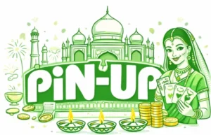 Pin-Up Casino India logo with Taj Mahal background, Indian traditional elements and casino coins on white background with green outline